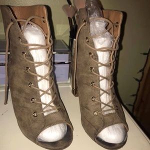 Lace up, open toed booties